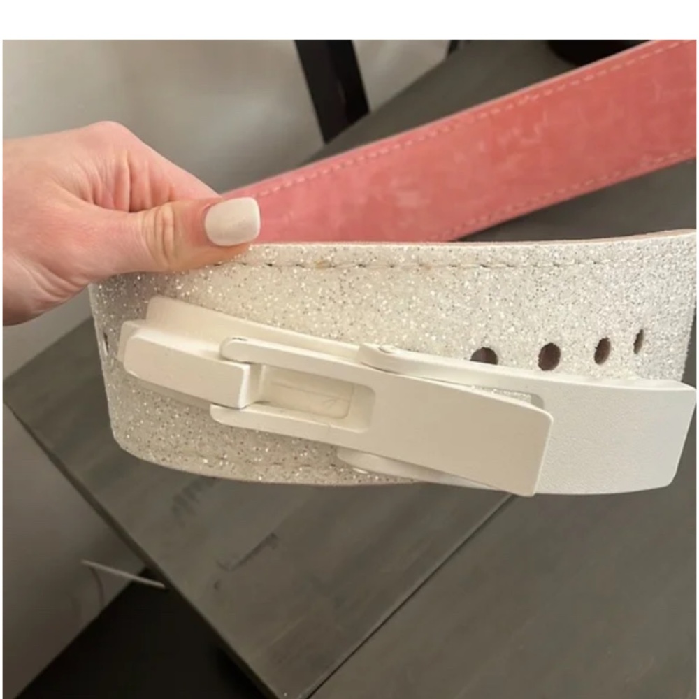 White Sparkly Pioneer Weight Lifting Belt Size Small Pink Suede Inside